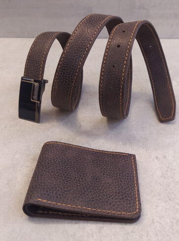 Natural leather patterned pocket wallet and belt