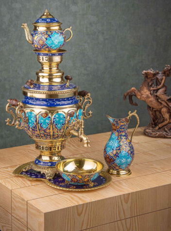Brass decorative charcoal samovar service,hand painted with gilded motifs