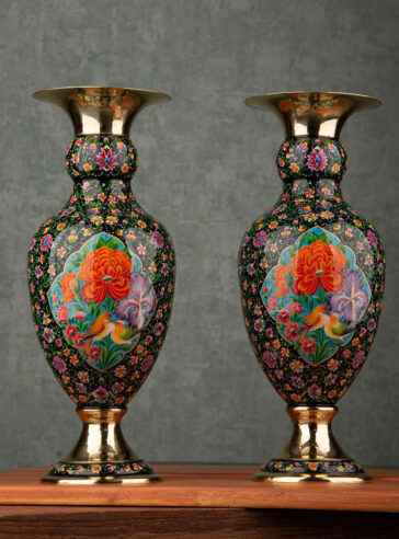 A set of two brass vase ,hand painted with golestan gilded pattern