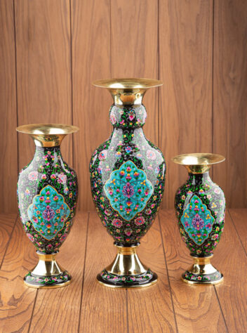 A set of three brass vase ,hand painted with slime pattern