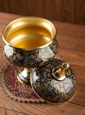 Brass candy Bowl with lid ,hand painted with branches motifs