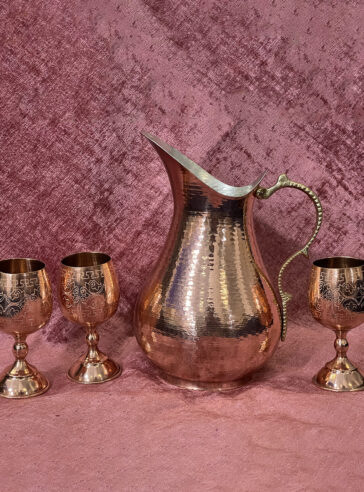 Set of copper pitcher with 3 engraved goblets