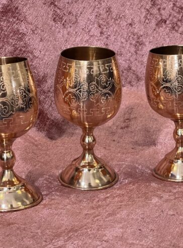 Set of copper pitcher with 3 engraved goblets