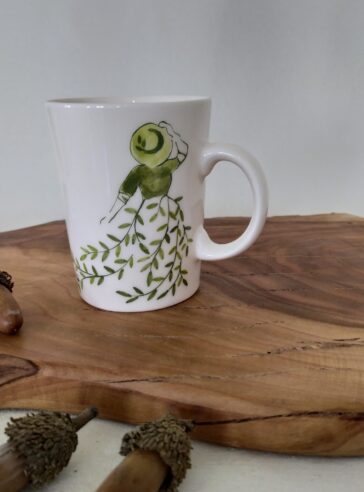 A set of ceramic cups, trays, and sugar bowl of the girl in green