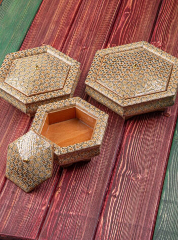 Set of three Khatamkari chocolate dishes with original traditional pattern