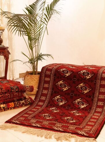 Turkmen tribal red rug with Mari Gol design