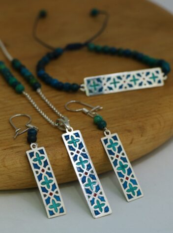 A set of necklaces, rings, earrings and 3 types of bracelets with colored tile designs