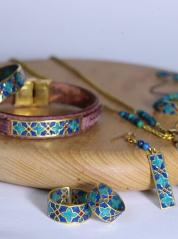 A set of necklaces, rings, earrings and 3 types of bracelets with colored tile designs