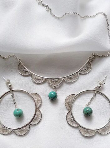 Silver flower circle necklace and earrings with hanging turquoise