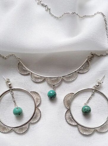 Silver flower circle necklace and earrings with hanging turquoise