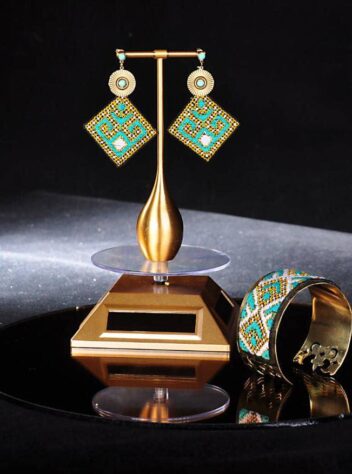 Baluchi silk needlework brass bracelet set with Slime design & earrings