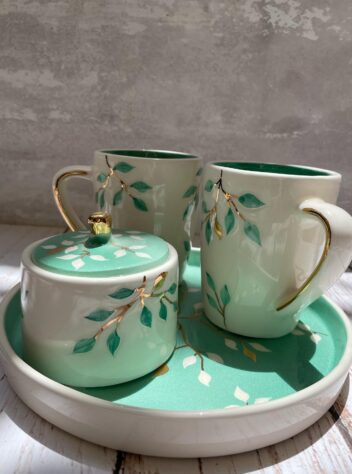 Set of mugs, tray, sugar bowl and sweet bowl with11 carat gold luster