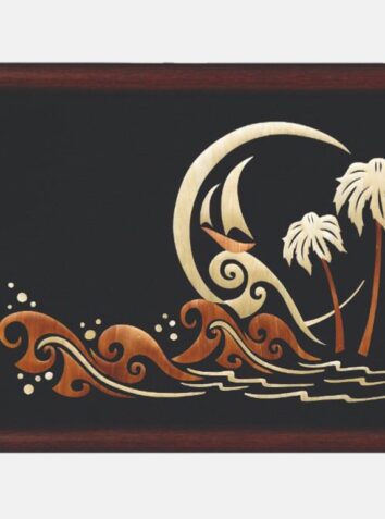Marquetry panel of wavy beach and a boat (With Frame)